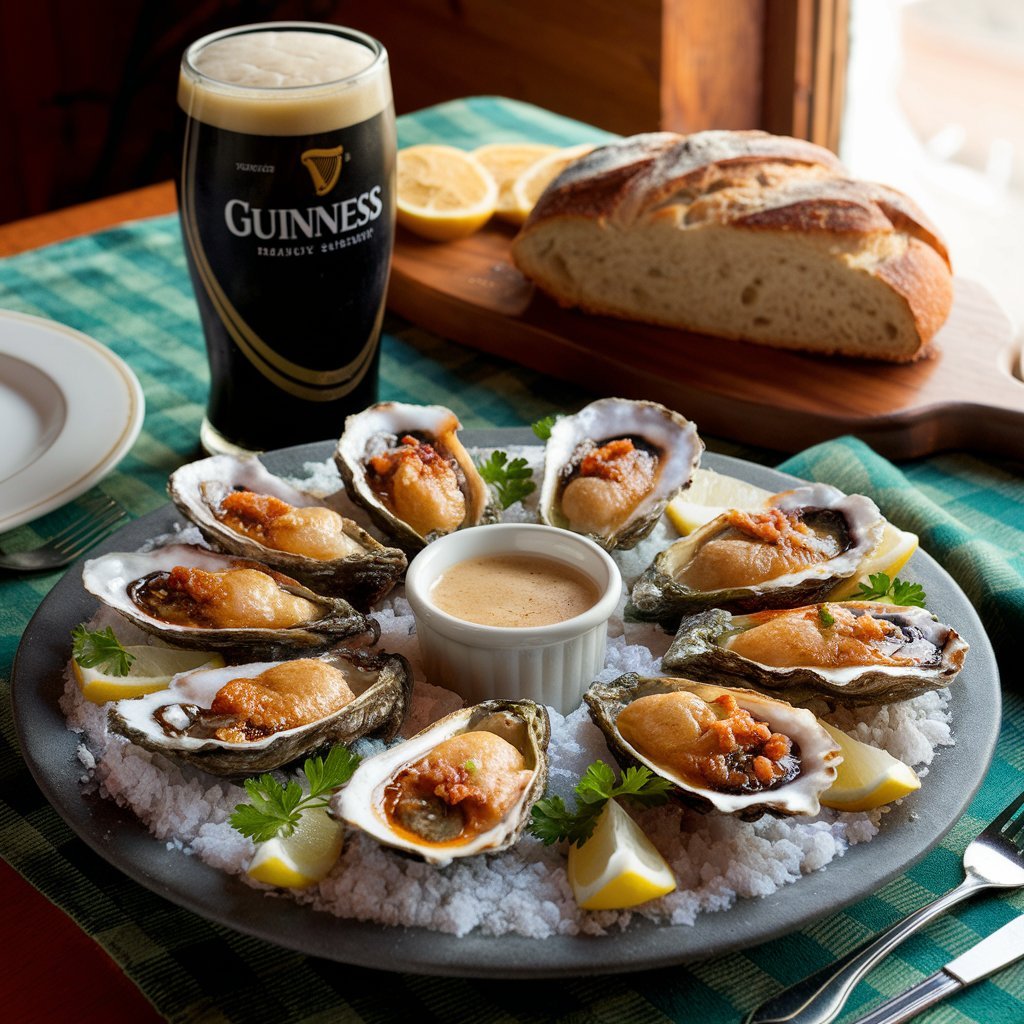 Guinness Baked Oysters with Irish Cheddar and Bacon
