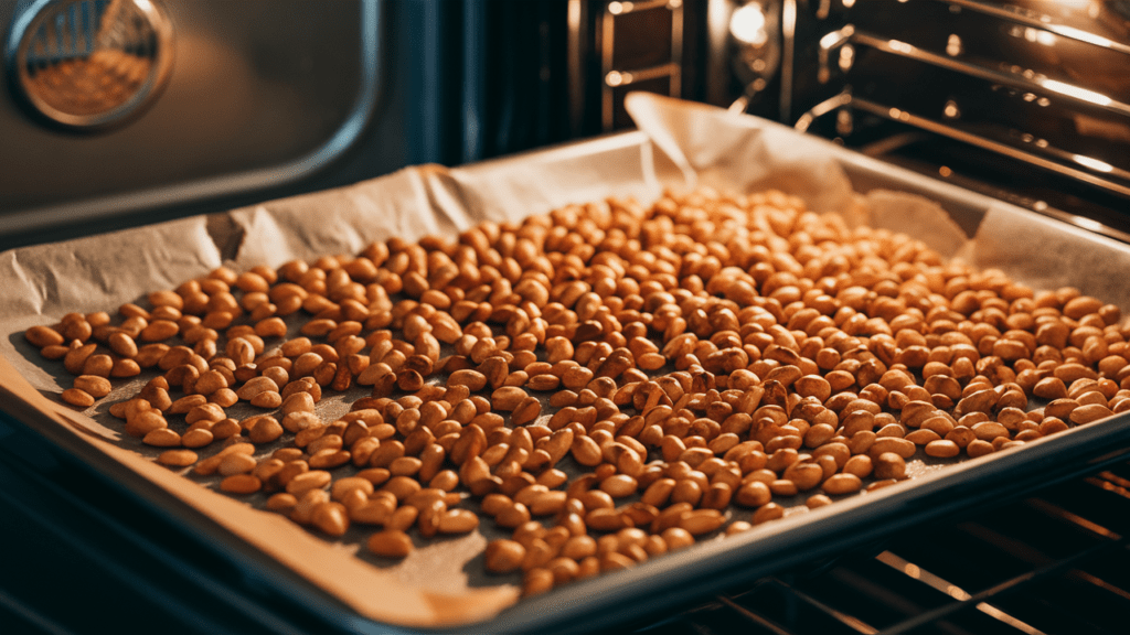 baking sheet with toasted pine nuts in an oven