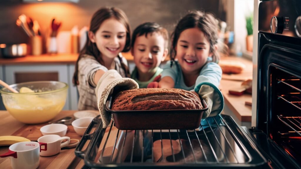 Kids baking banana bread