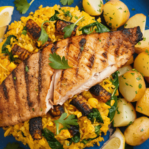 Smoked Basa Recipe with Sweetcorn Pilau and Garlic Potatoes